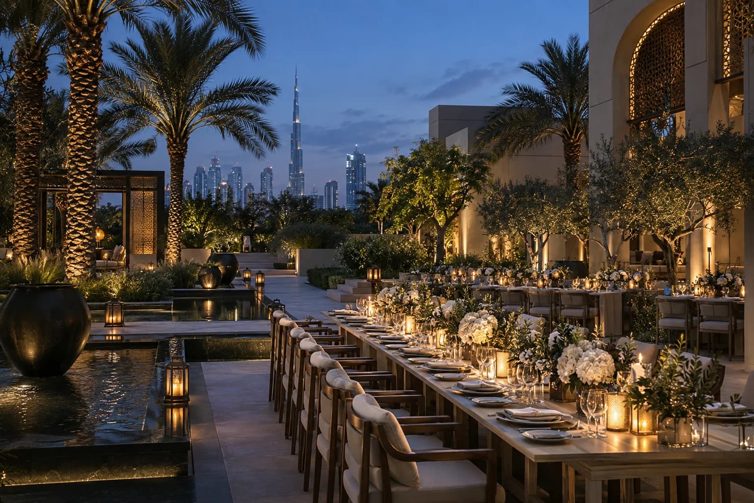 An elegant outdoor event setting in a Dubai garden at blue hour