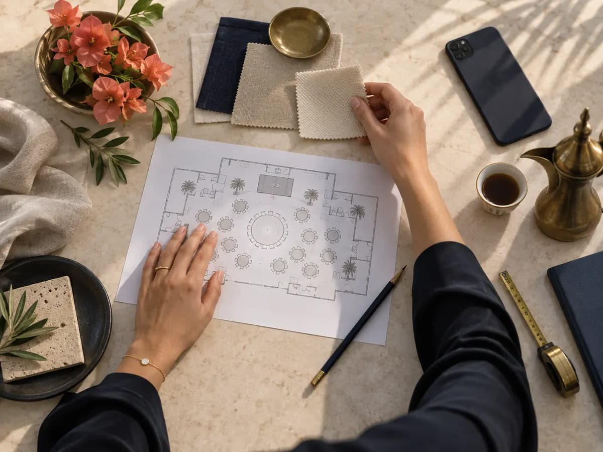 An event planner reviewing a floor plan and material samples